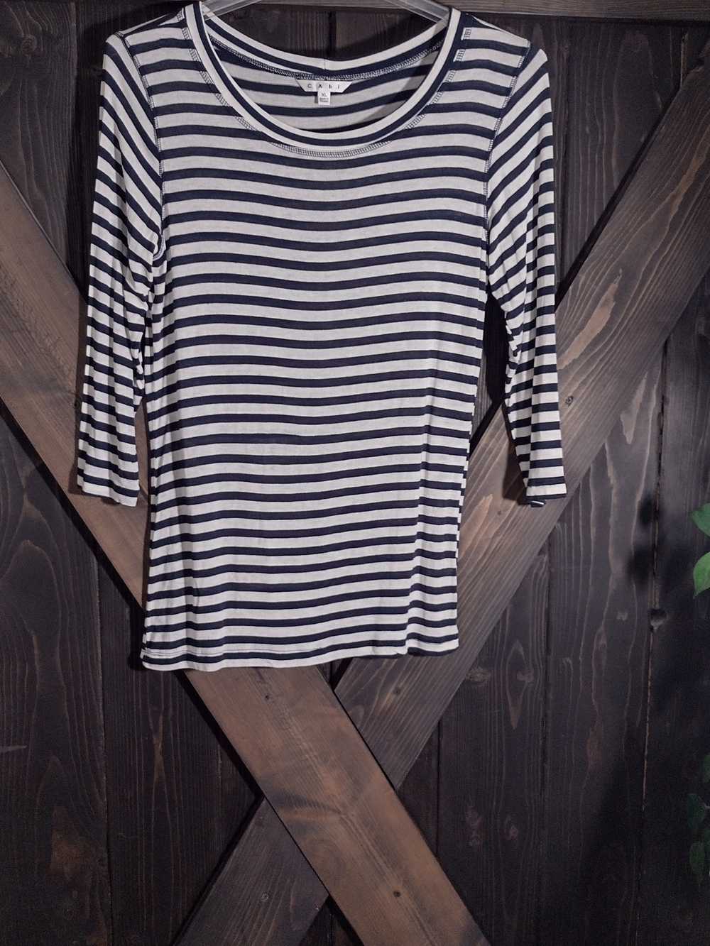 Cabi Striped Crewneck 3/4 Sleeve Top - Black & White Sz Xl